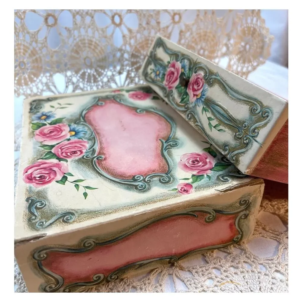 Antique Chocolate Candy Box With Roses Pink Blue Cardboard French Style Gift Box
